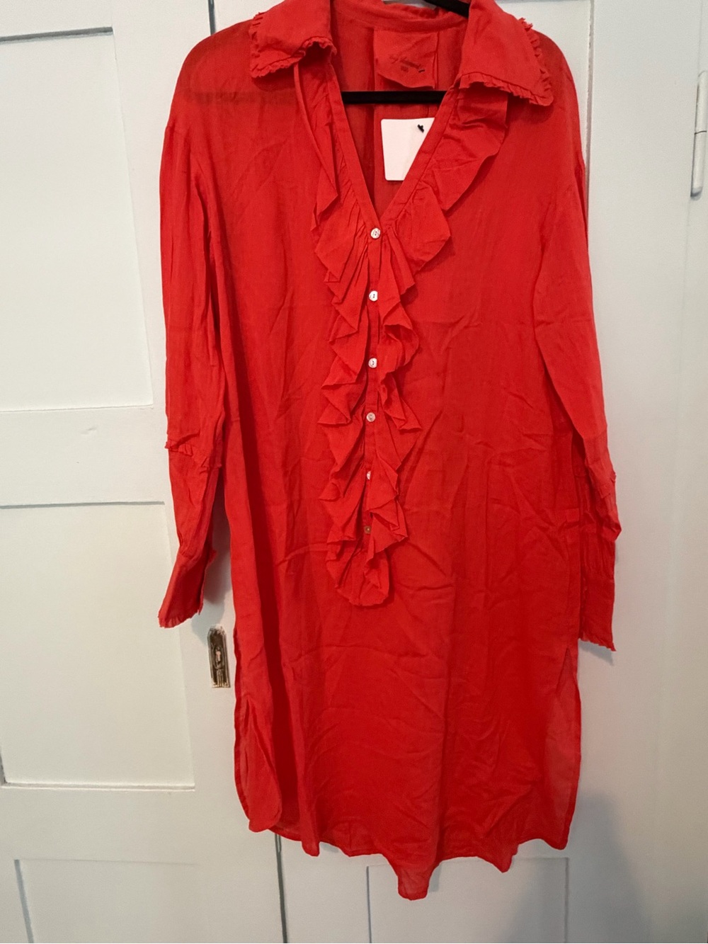 Red Ruffle Front Button-Down Tunic Dress